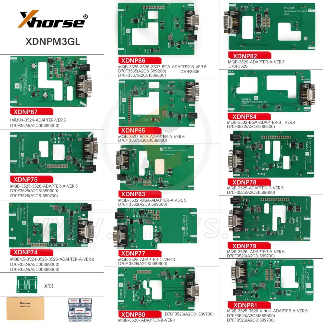 Xhorse MQB 48 adapter XDNPM3GL Solder Free 13pcs Adapter